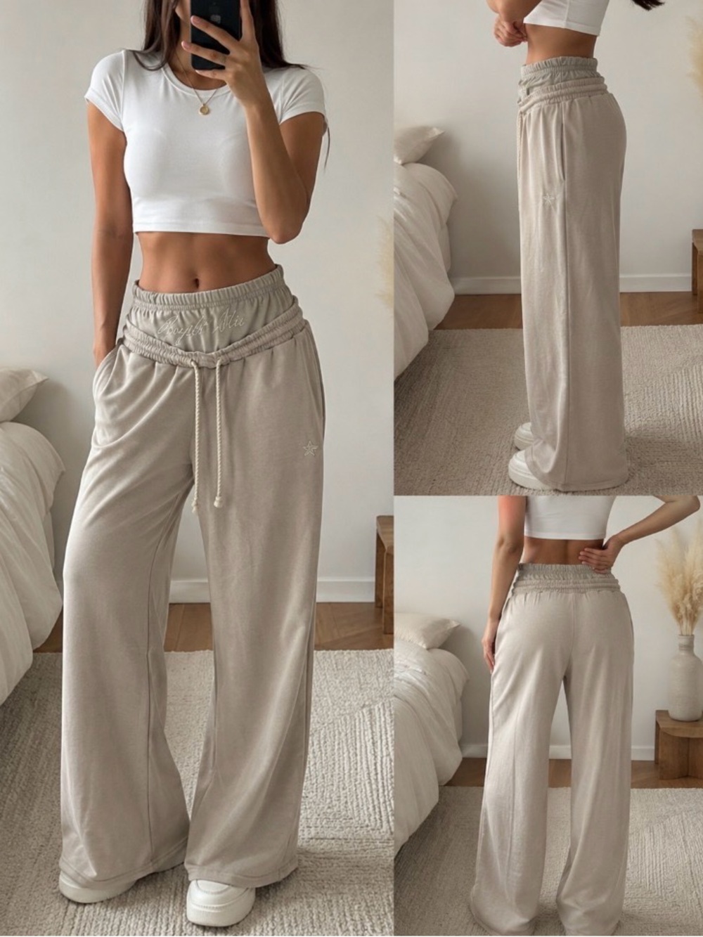 Beige Wide Leg Sweatpants Double Waistband Drawstring Lounge Pants Size XL